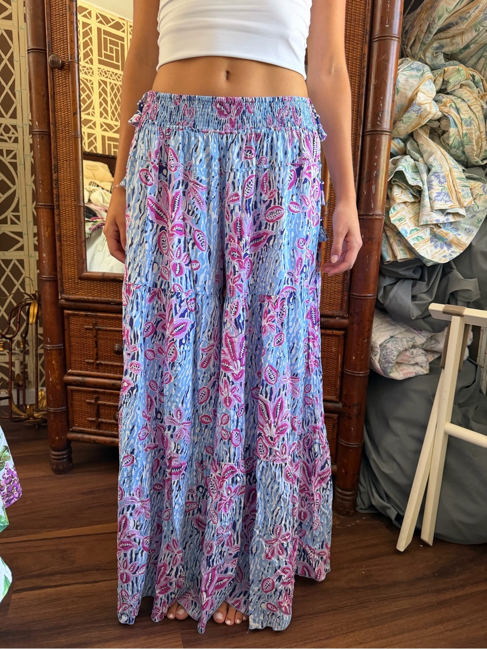 Boho Floral Tiered flowy pants - Blue & Pink